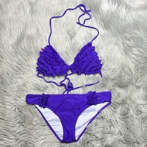 APOLLO Women's Purple Ruffle Halter Neck Backless Bikini Beach Summer Swim Set